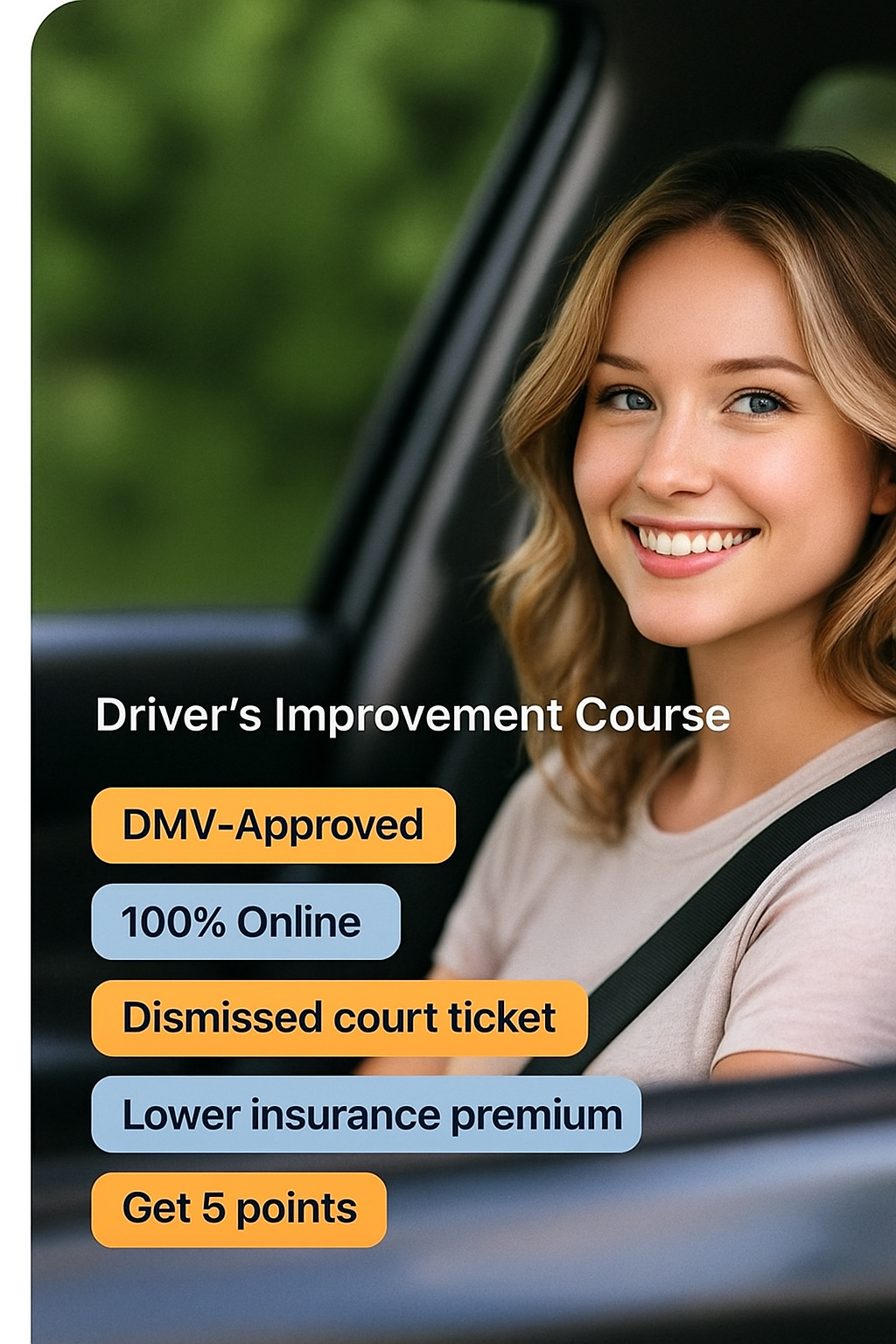 Virginia online Driver Improvement course – student sitting in a car